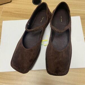The Row Dark Brown Suede Mary Jane Square-Toe Flats